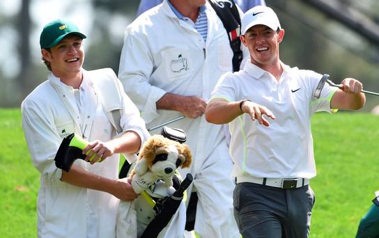 One Direction's Niall Horan and Rory McIlroy having a great time during 2015 Masters Par 3 Contest.