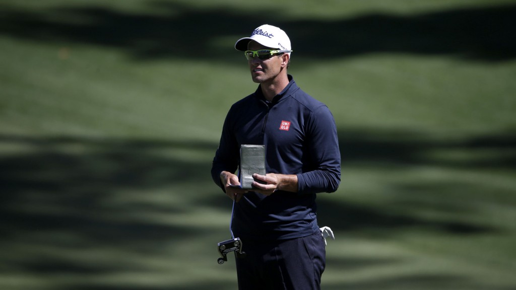 Masters champion Adam Scott of Australia looks on from No. 10 green during Practice Round 1 at Augusta National Golf Club on Monday, April 4, 2016.