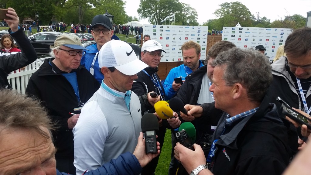 Renowned Scottish golf journalist Jock MacVicar working on another scoop as Rory McIlroy speaks to the media post his second round at the K. Club. 