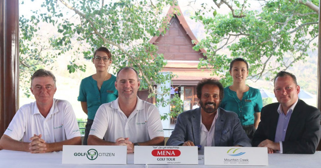 Mohamed Juma Buamaim, chairman of the MENA Golf Tour, is flanked by John Wither, PGA professional, Stuart Daly of GLS Asia, and Stacey Walton GLS Asia at a press conference to announce the inaugural Mountain Creek Open by Golf Citizen