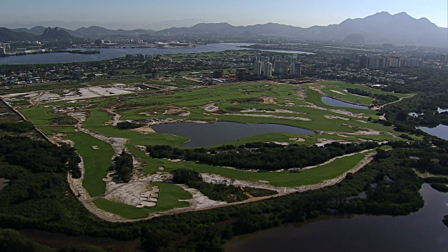 The Rio de Janeiro Olympic Games course showing the many water hazards that officials have now installed fountains to break-up any still water that could harbour Zika virus carrying mosquitoes.