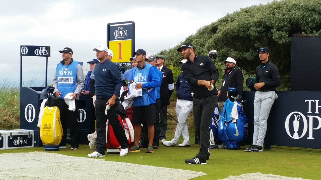 Dustin Johnson finds the fairway with his first official practice shot in the 145th Open.  (Pnoto - www.golfbytourmiss.com)