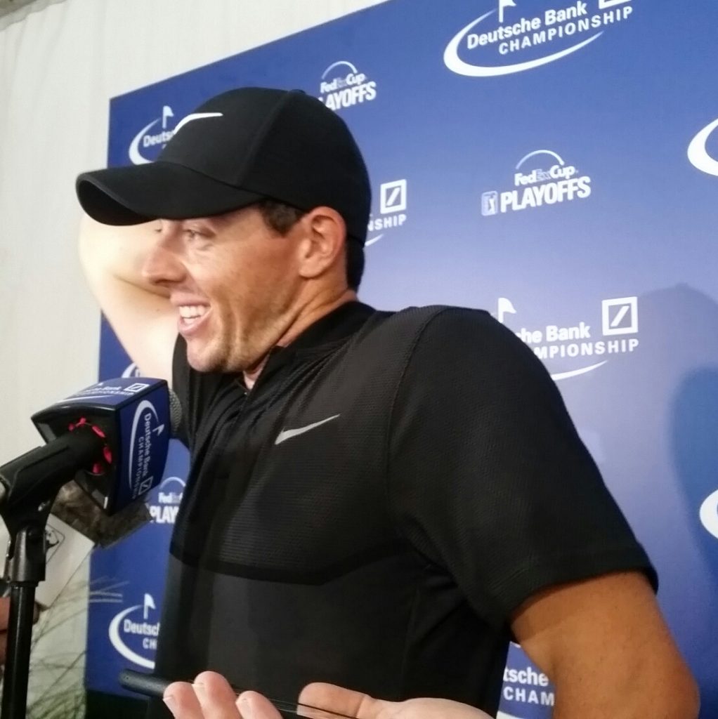 Rory McIlroy having a good old scratch after his four under par 67 on day two of the Deutsche Bank Championship.