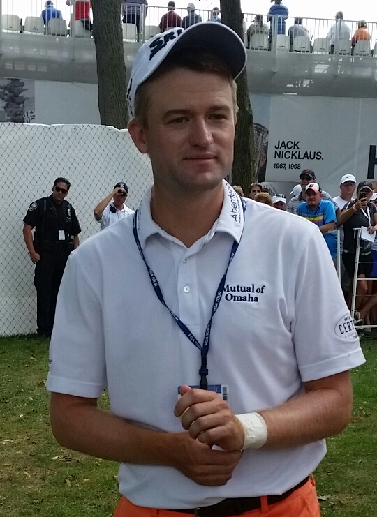 Russell Knox and showing his left wrist strapped following a second round 69 at the BMW Championshio. (Photo - www.golfbytourmiss.com)