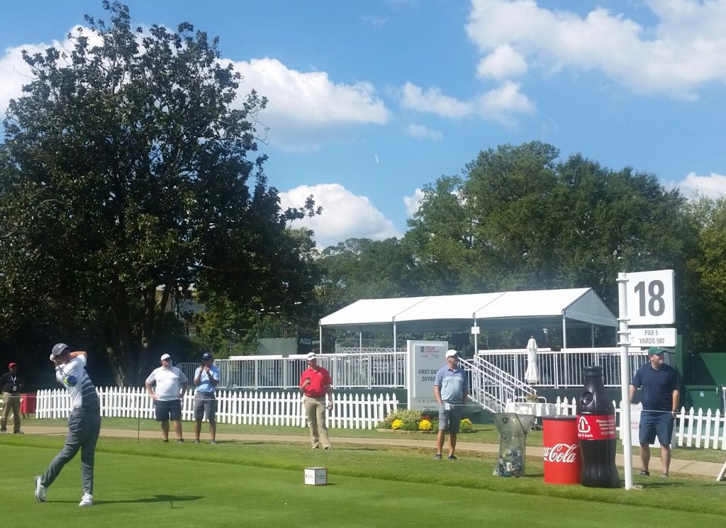 McIlroy drives off the 580-yard par five 18th hole on route to an eventual eagle during his Wednesday practice round. (Photo - www.golfbytourmiss.com)