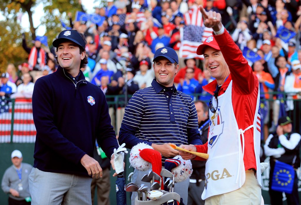 Bubba Watson on the first tee of the 2012 Ryder Cup and now in Hazeltine as a fifth USA Vice-Captain.