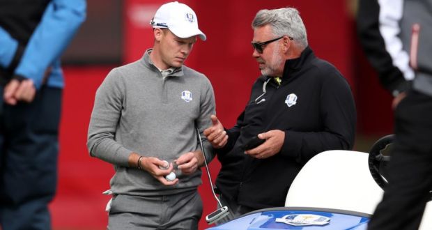 European Captain Darren Clarke speaking with Danny Willett earlier today.