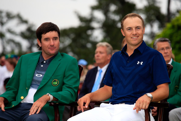 Jordan Spieth and Bubba Watston at the 2015 Masters presentation ceremony.