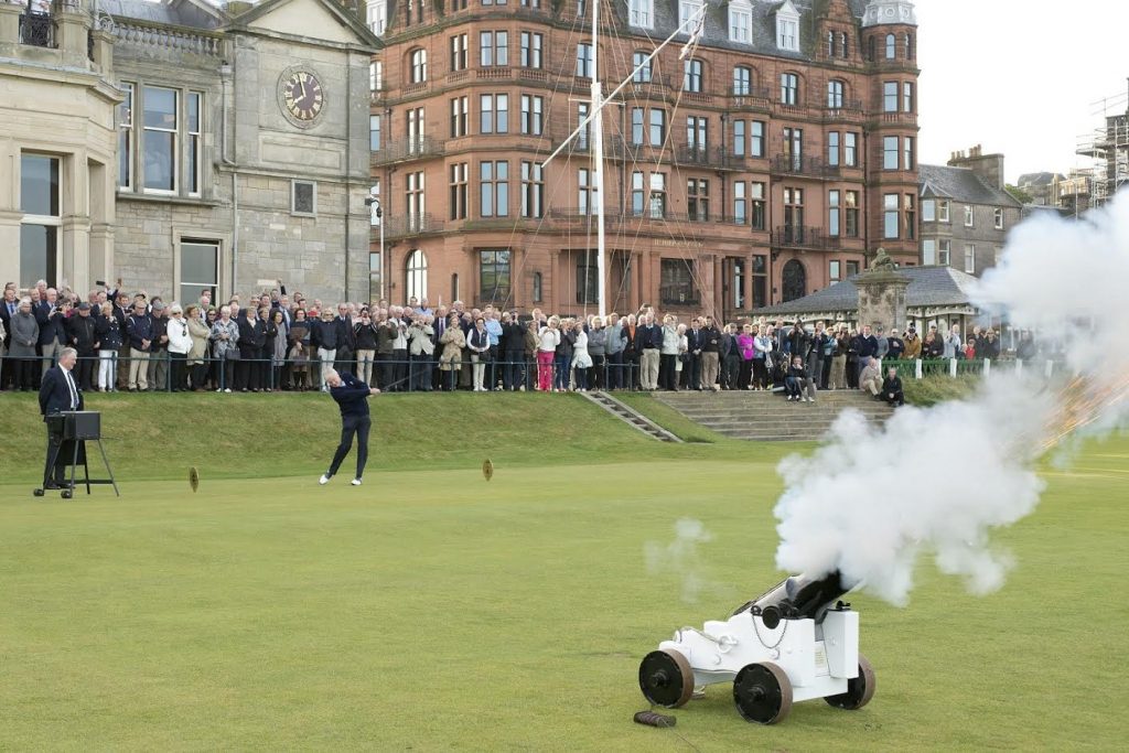 New R & A Captain, Keith McIntosh 'drives in' at the Old Course, St. Andrews.