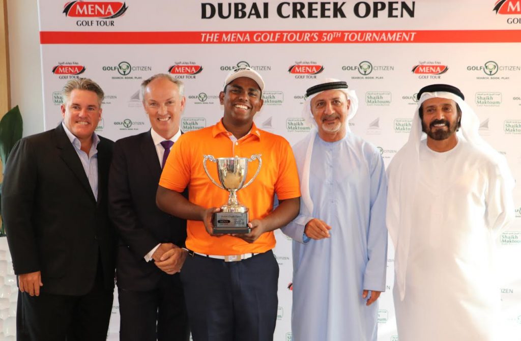 Rayhan Thomas received the winner’s trophy from Adel Zarouni, vice chairman of the Emirates Golf Federation. Mohamed Juma Buamaim, chairman of the MENA Golf Tour, Chris May, CEO of Dubai Golf, and Patrick Morrow, the club captain, were also present  