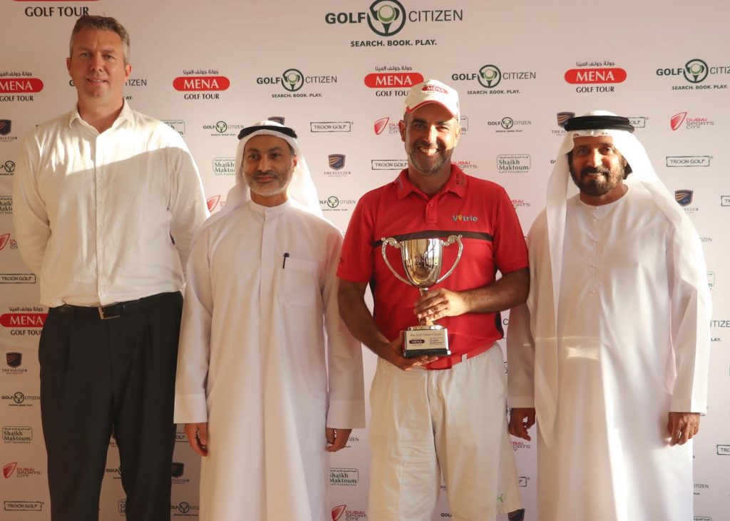 Carlos Balmaseda with Khalid Zarouni, president of Dubai Sports City, Mohamed Juma Buamaim, chairman of the MENA Golf Tour, and Chris Brown, general manager at the Els Club Dubai