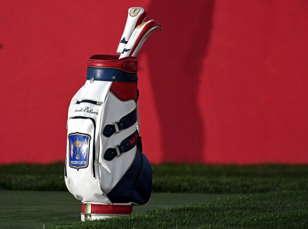Sep 30, 2016; Chaska, MN, USA; A view of the golf of Arnold Palmer from the 1975 Ryder Cup on the first tee in the morning foursome matches during the 41st Ryder Cup at Hazeltine National Golf Club. Mandatory Credit: Michael Madrid-USA TODAY Sports ORG XMIT: USATSI-234818 ORIG FILE ID: 20160930_pjc_mm1_004.JPG