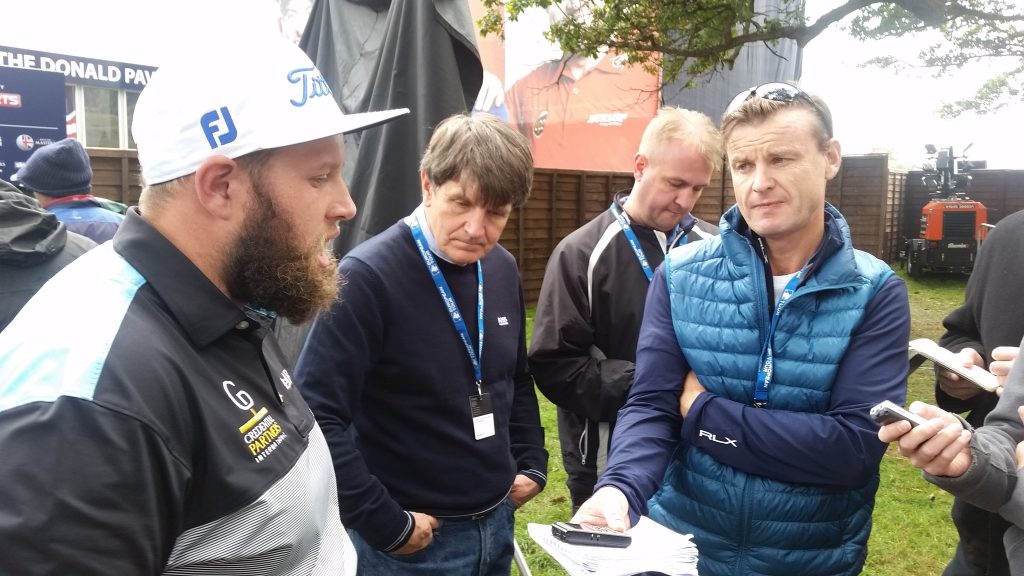 Andrew 'Beef' Johnston entertains the British media after his second round in the British Masters.