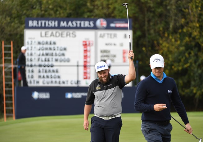 Andrew 'Beef' Johnston acknowledges the crowd after a round of 65 on day two of the British Masters. (Photo - European Tour)
