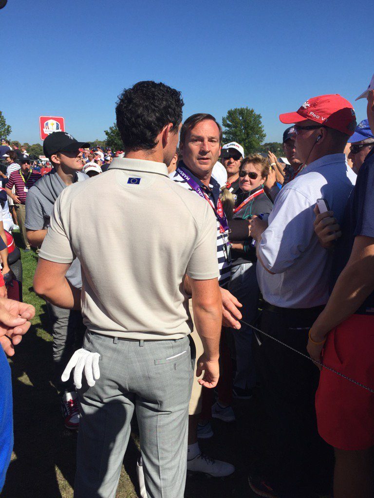 Rory McIlroy waits to ensure the heckler is thrown off the course. (Photo - Christine Brennan)