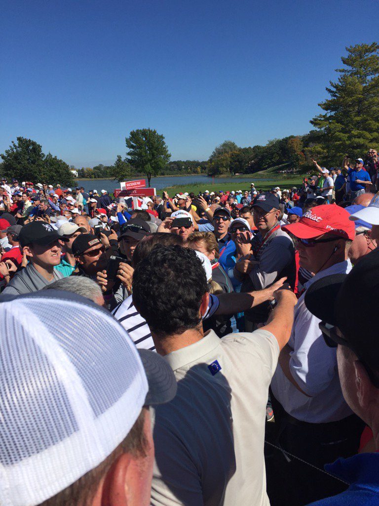 Rory McIlroy points out the Hazeltine heckler (Photo - Christine Brennan)