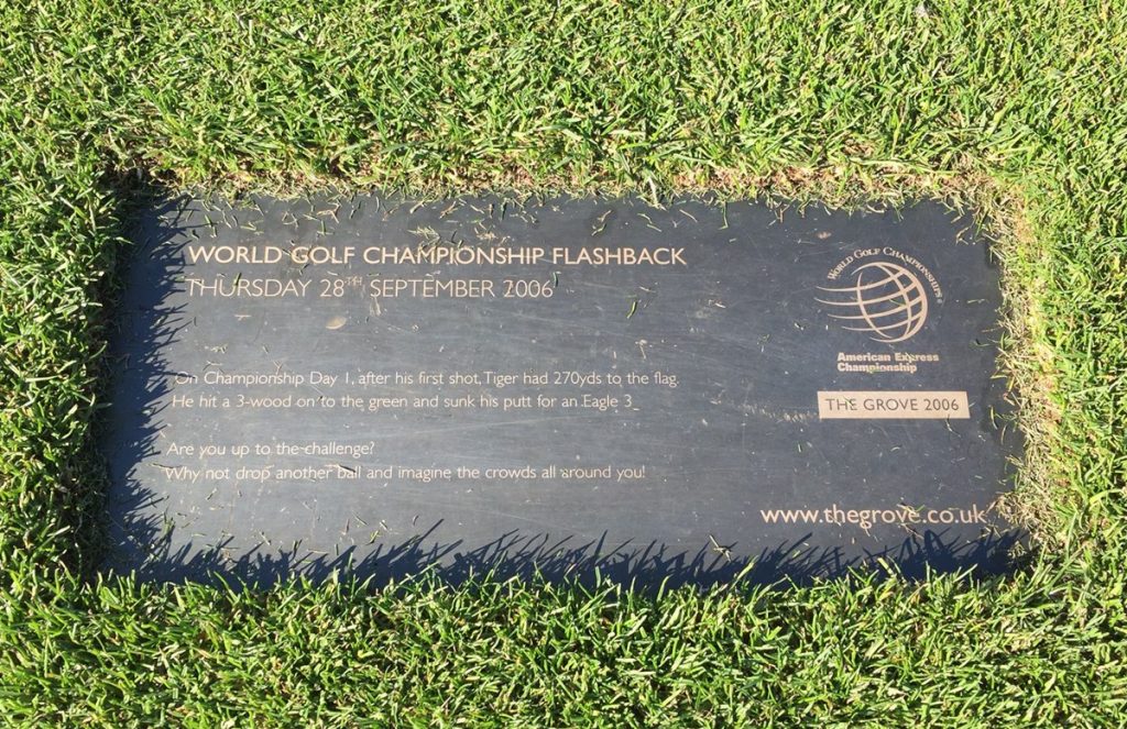 Tiger Woods plaque commemorating from where he hit his second shot on route to a first eagle in the 2006 WGC - American Express Championship