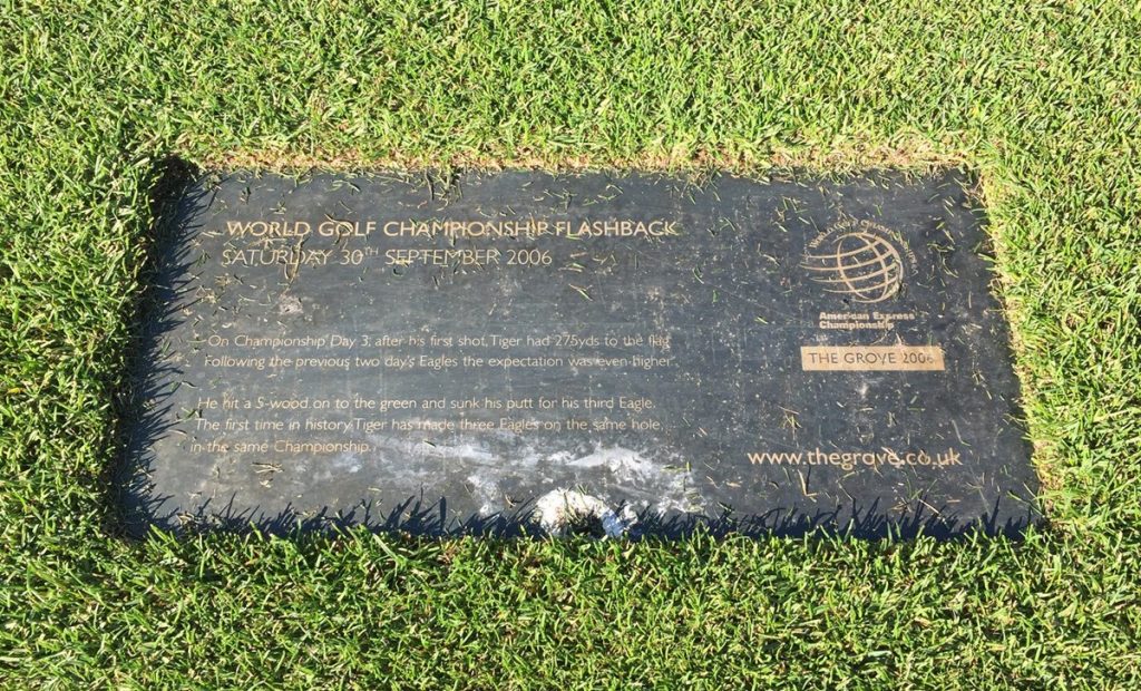 The third Tiger Woods plaque to commemorate his second shot for eagle on day three of the 2006 WGC - American Express Championship.