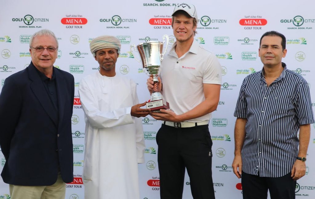 Ghala Open winner Aaron Leitmannstetter with Ziyad Al Zubair, a board member of Ghala Golf Club, Moroccan Ambassador to Oman Tariq El Hsissen and Rod Bogg of the MENA Golf Tour
