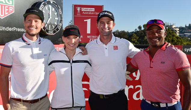 Adam Scott with his Pro Am team including West Indian cricket legend, Brian Lara.