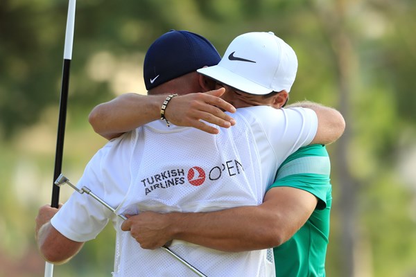 Thorbjorn Olesen celebrates with his caddy, Dominic Bott after capturing the 2016 Turkish Airlines Open. (Photo - European Tour)