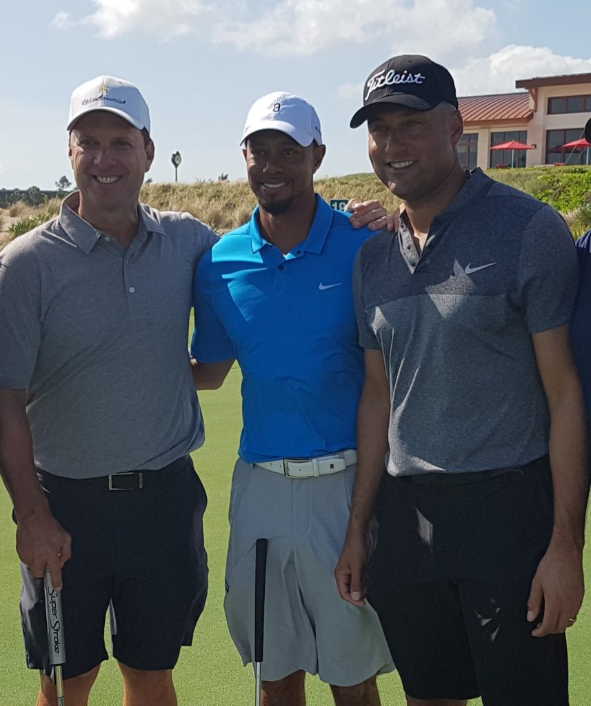 Tino Martinez, Tiger Woods and Derek Jeter having playing 9 holes of practice Monday at the Albany GC in the Bahamas.