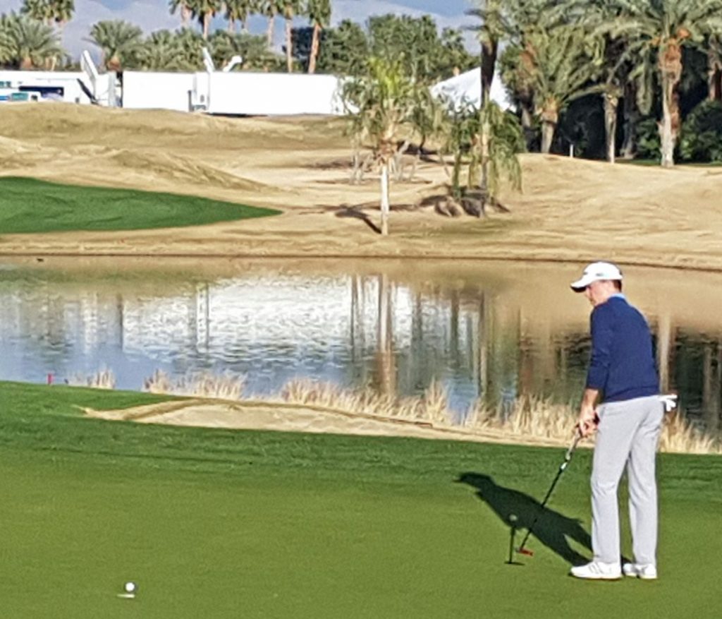 Martin Laird just missing the hole with his par attempt at the final hole at the PGA West course on day one of the Career Builder Challenge.
