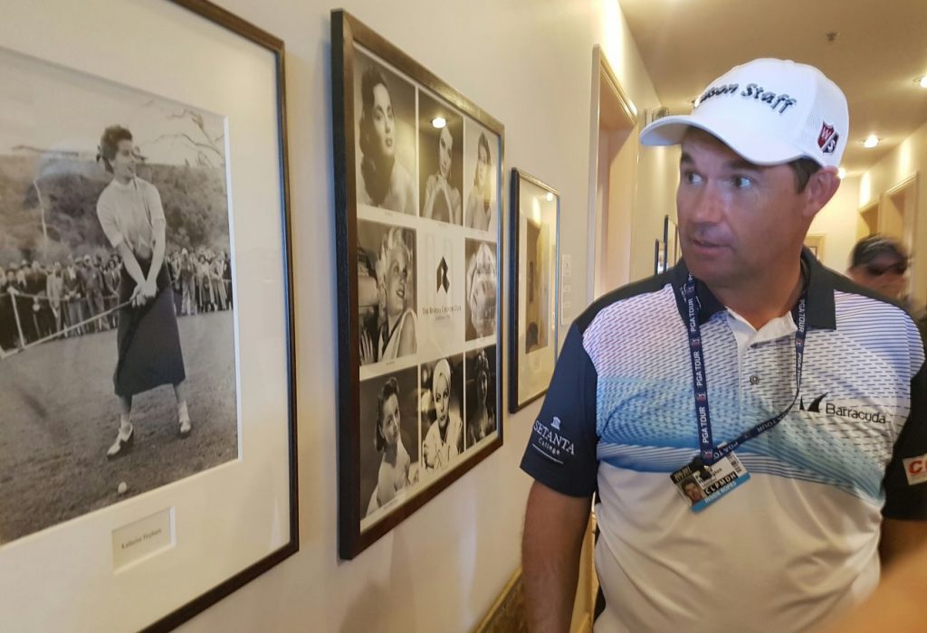 Nothing wrong with Padraig Harrington's eyesight as he admires the grip and swing of four-time Academy Award winning Katherine Hepburn.