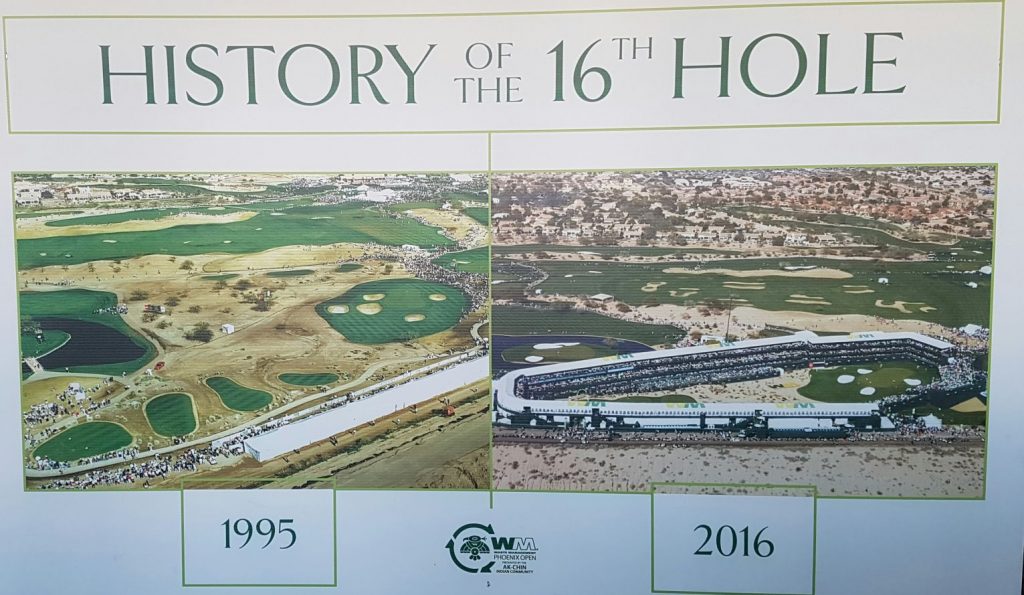 The 16th hole at TPC Scottsdale in 2005 and 2016.