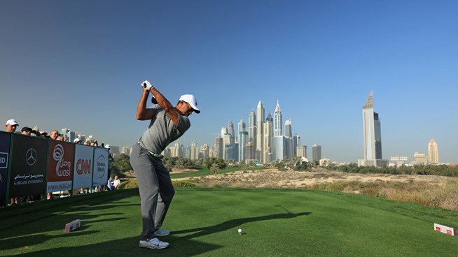 Tiger Woods competing in the Pro-Am ahead of this week's Dubai Desert Classic.