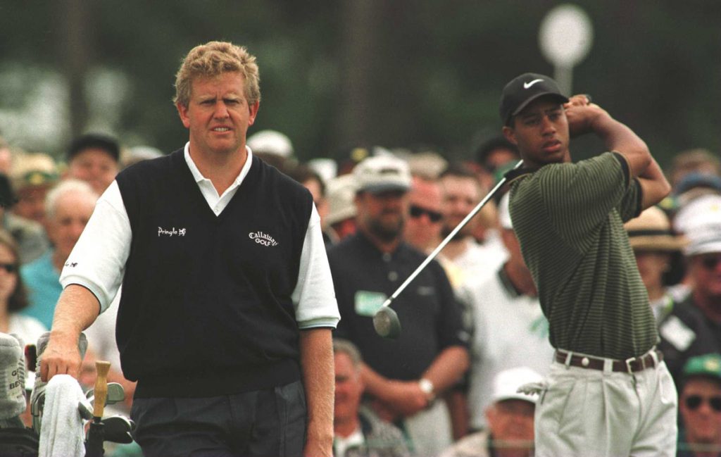 Colin Mongomerie and Tiger Woods during the third round of the 1997 Masters