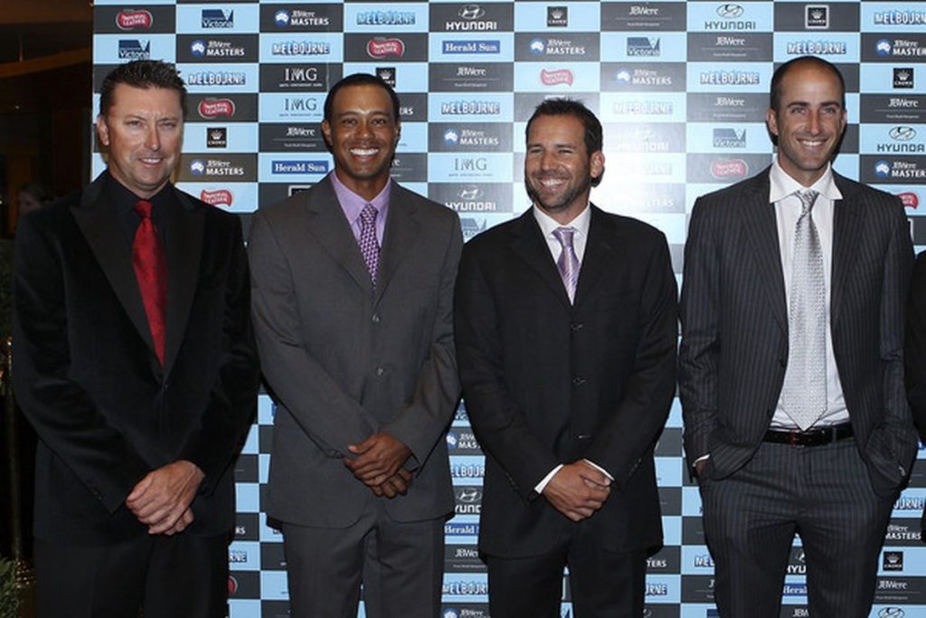 Geoff Ogilvy with Tiger Woods, Robert Allenby and Sergio Garcia.