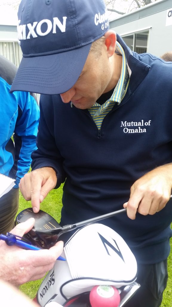 Russell Knox points to the crack in the face of his WGC - HSBC winning driver that happened during the 2016 Irish Open. (Photo - www.golfbytourmiss.com)