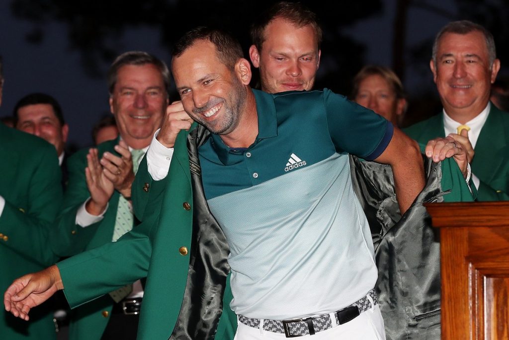 Delight as Danny Willett fits Sergio Garcia into a Masters green jacket.