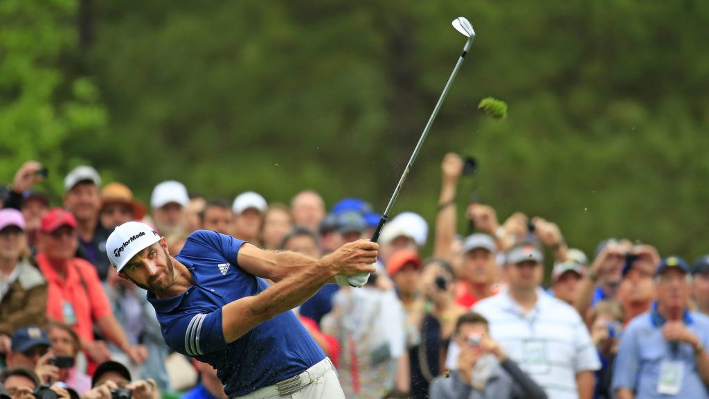 Dustin Johnson hits on No. 12 during Practice Round 1 for the Masters at Augusta National Golf Club, Monday, April 3, 2017.