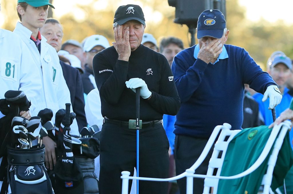 AUGUSTA, GA - APRIL 06: Honorary starters Jack Nicklaus and Gary Player react as they remember Arnold Palmer as during the first tee ceremony prior to the first round of the 2017 Masters Tournament at Augusta National Golf Club on April 6, 2017 in Augusta, Georgia. (Photo by Andrew Redington/Getty Images)